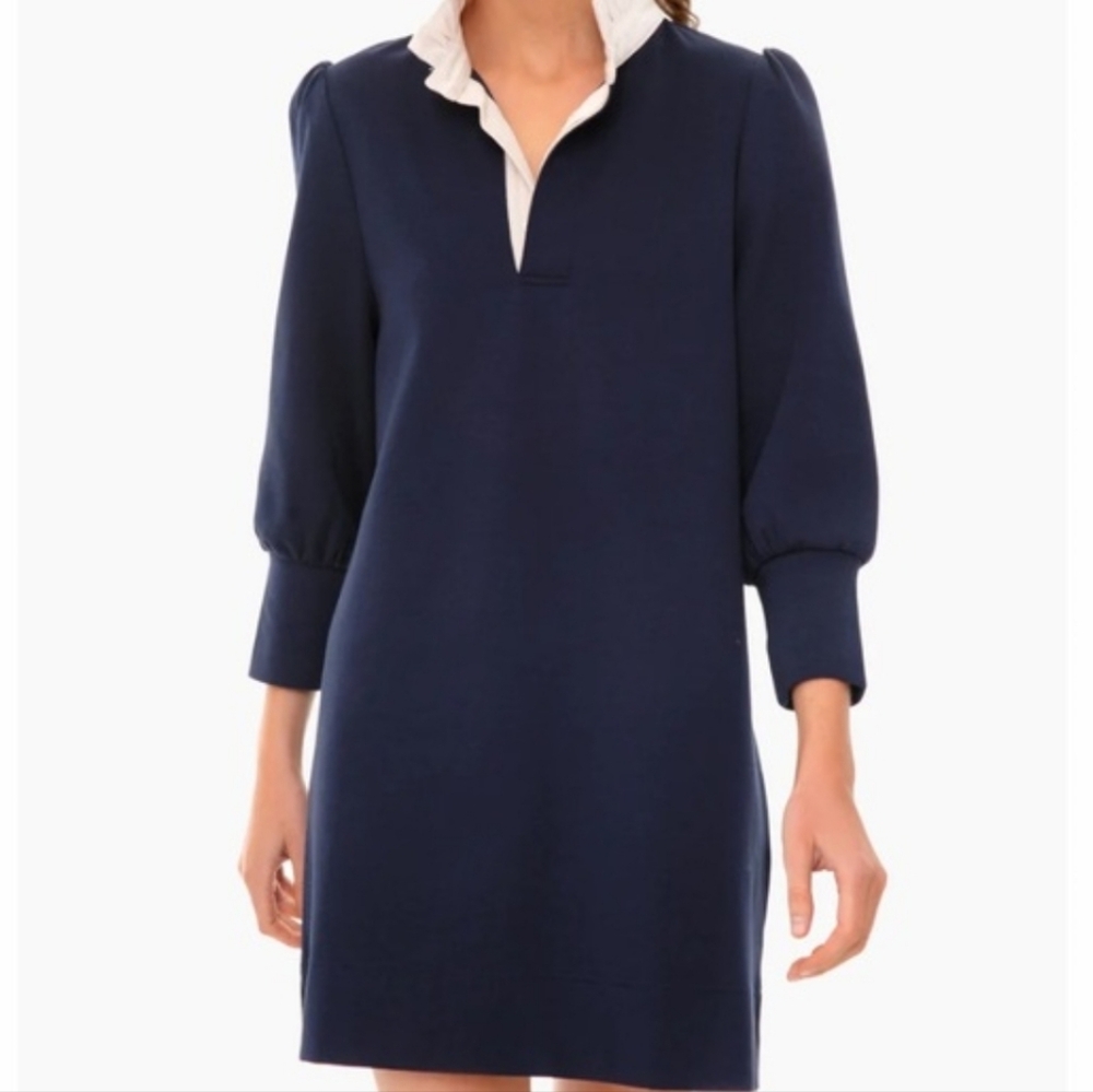Pomander Place Tuckernuck Charlotte Terry Shirt Dress Navy/Cream Ruffle Collar S